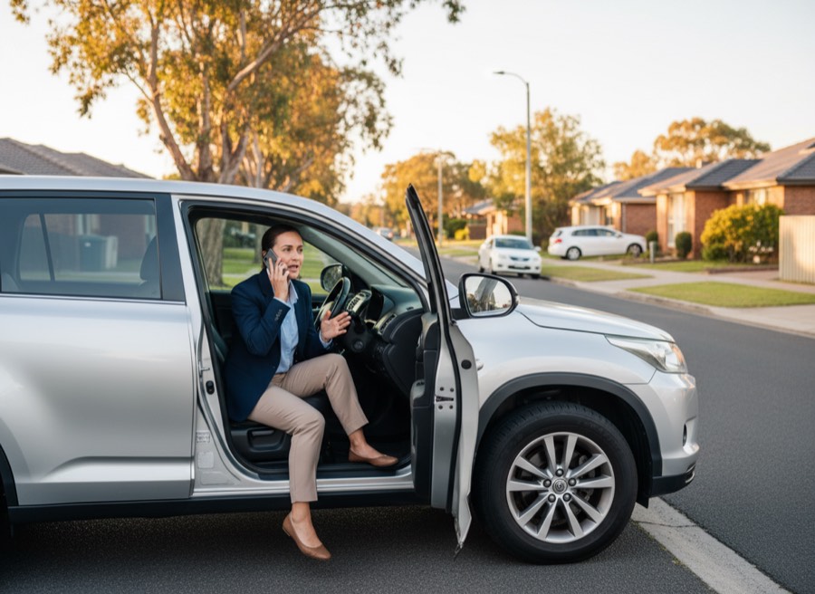 An agent on the phone beside their car in a suburban street.