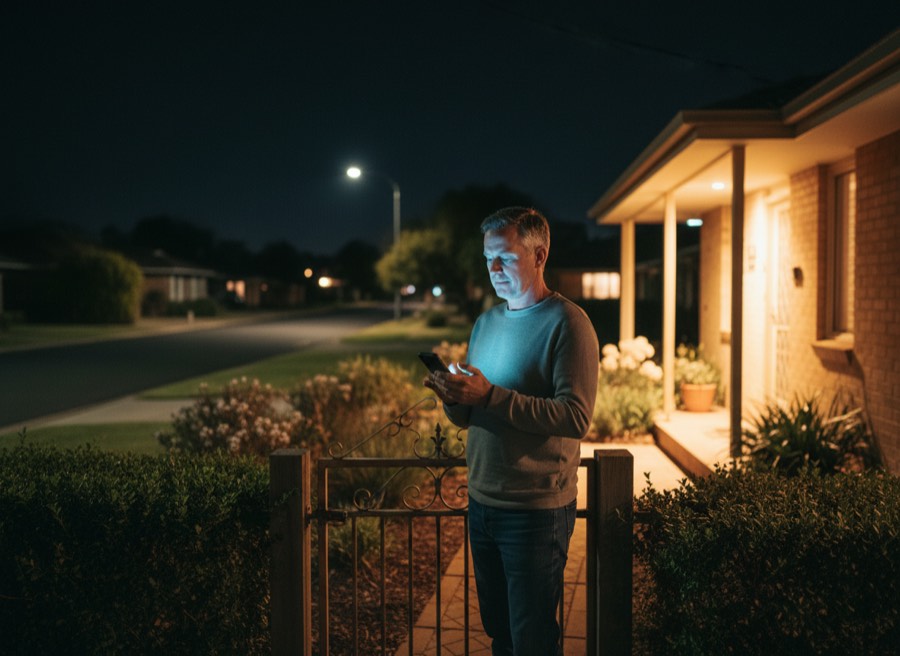 A man outside a house at night reading his phone.