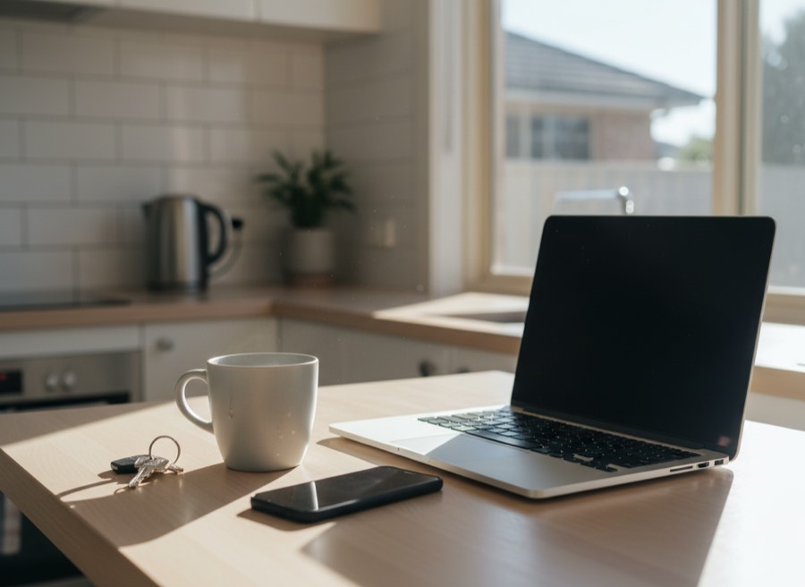 A laptop, phone and house keys on a kitchen bench.