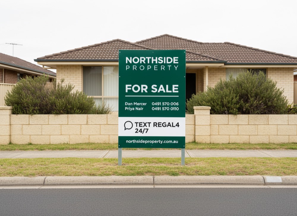 A sticker on a for-sale board reading TEXT KIEWA29, 24/7.