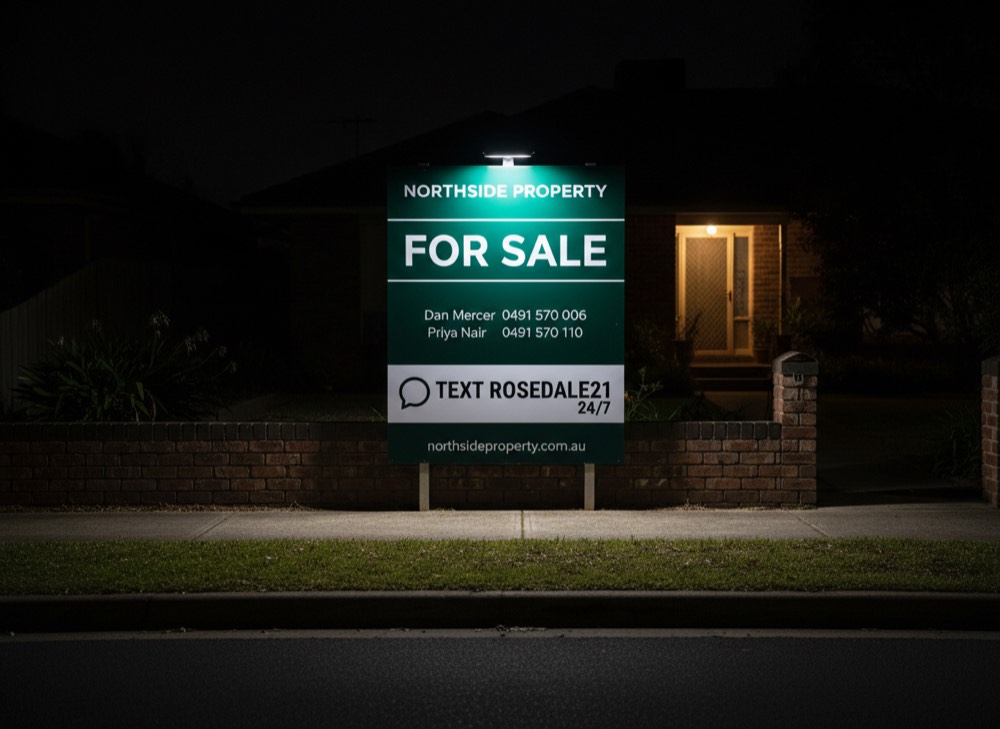 A lit for-sale board at night carrying a TEXT KIEWA29 sticker.