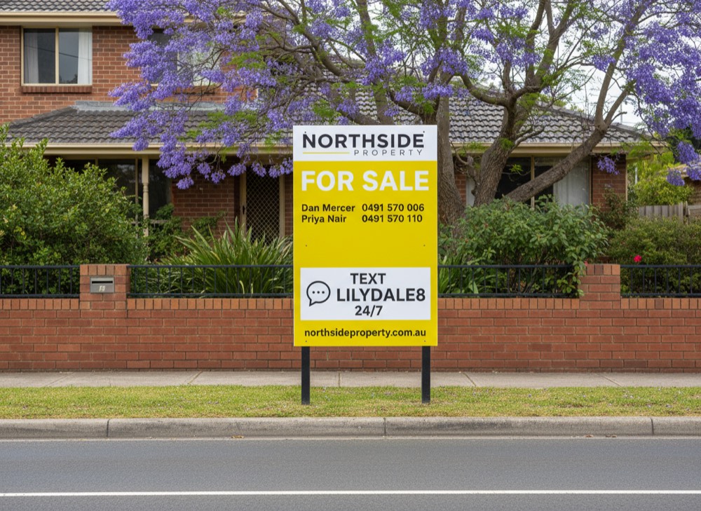 A yellow for-sale board carrying a TEXT KIEWA29 sticker.