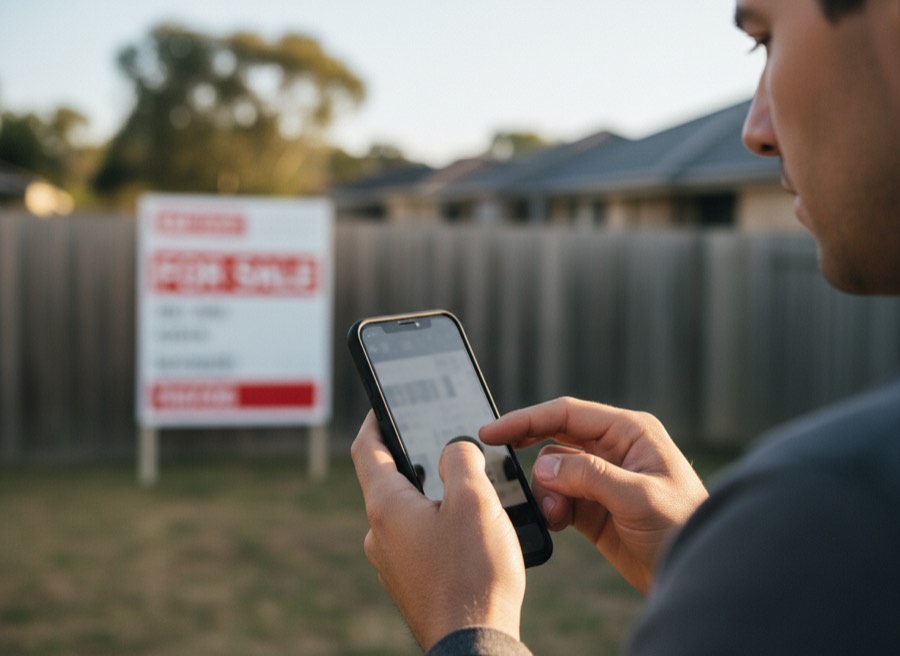 A man texting on his phone in front of a for-sale board.