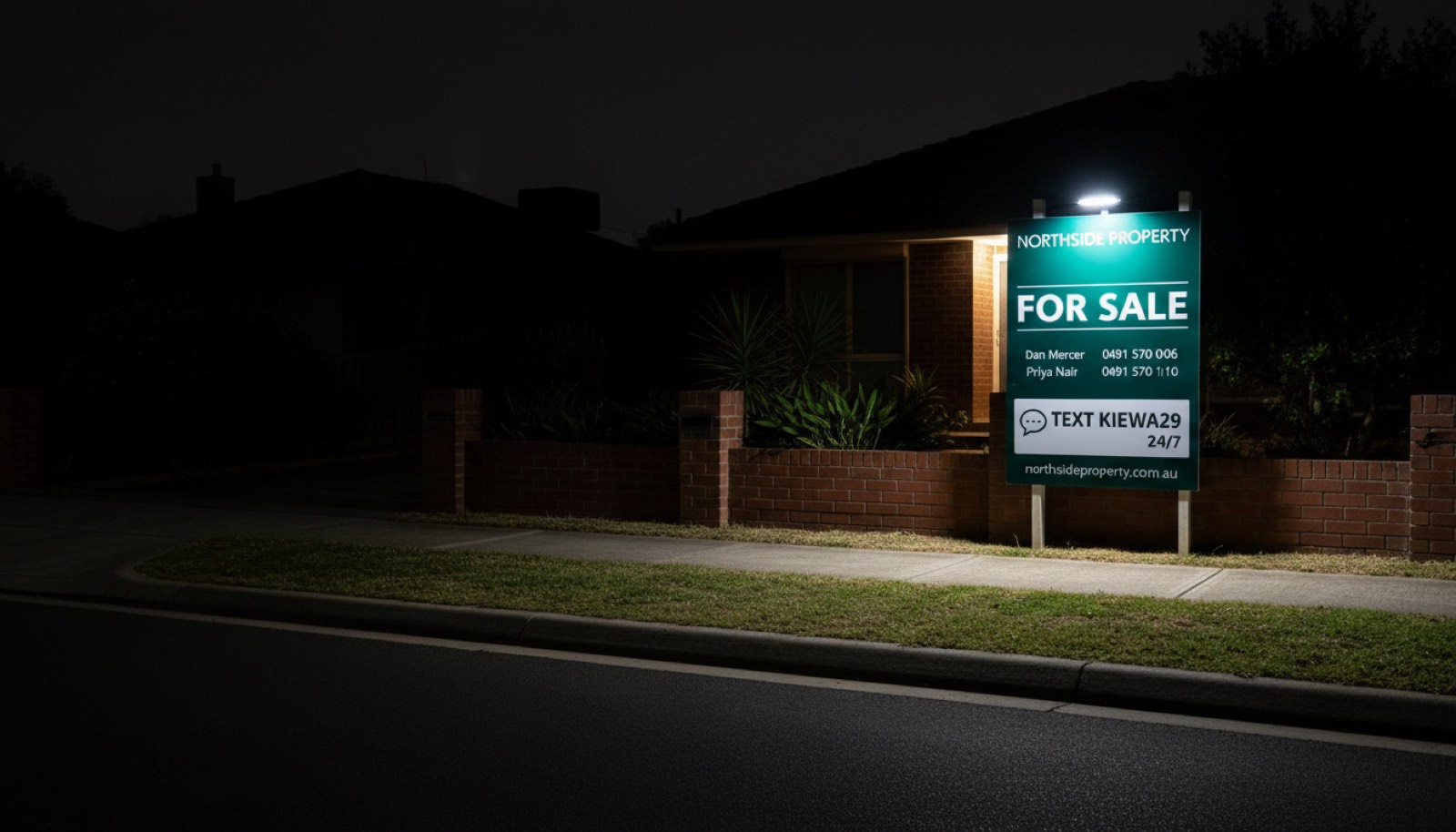 A for-sale board lit by its own light after dark outside a suburban house.