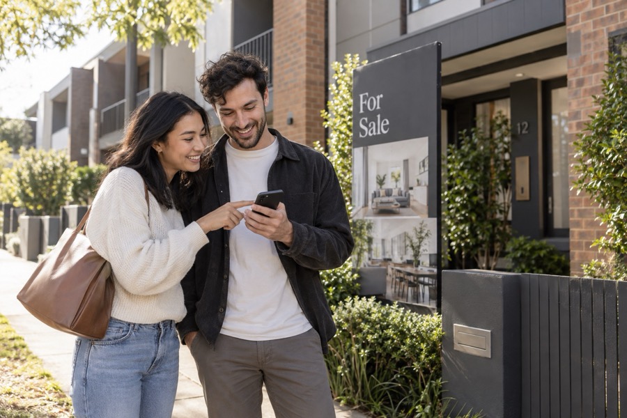 A couple reading a reply on a phone outside a townhouse.
