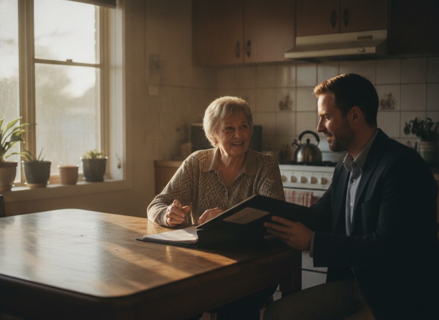 An agent at a kitchen table with a vendor.